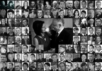 Zdjęcie przedstawiające wizerunki 96 osób, które zginęły w katastrofie w Smoleńsku.
