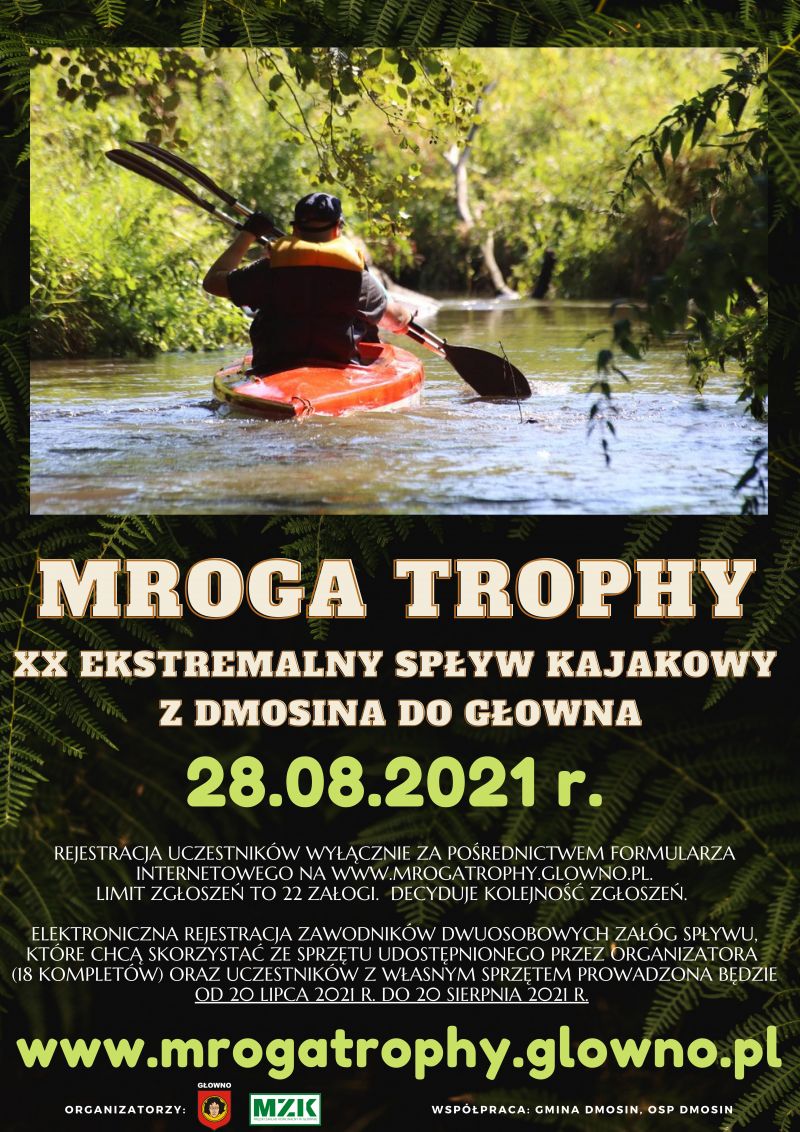 plakat informujący o spływie kajakowym Mroga Trophy 2021