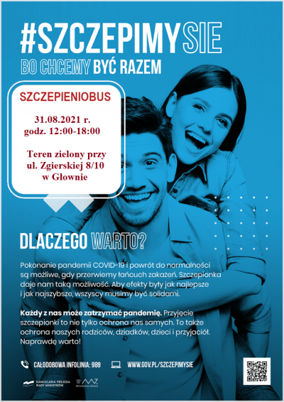 plakat promujący wizytę szczepienbibusa w Głownie