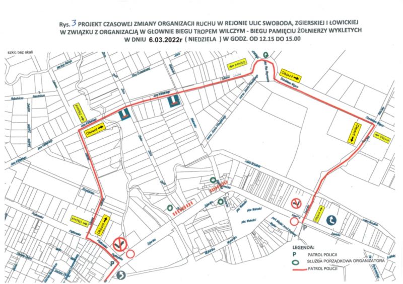 Mapa objazdu na czas biegu 6.03.2022 r.