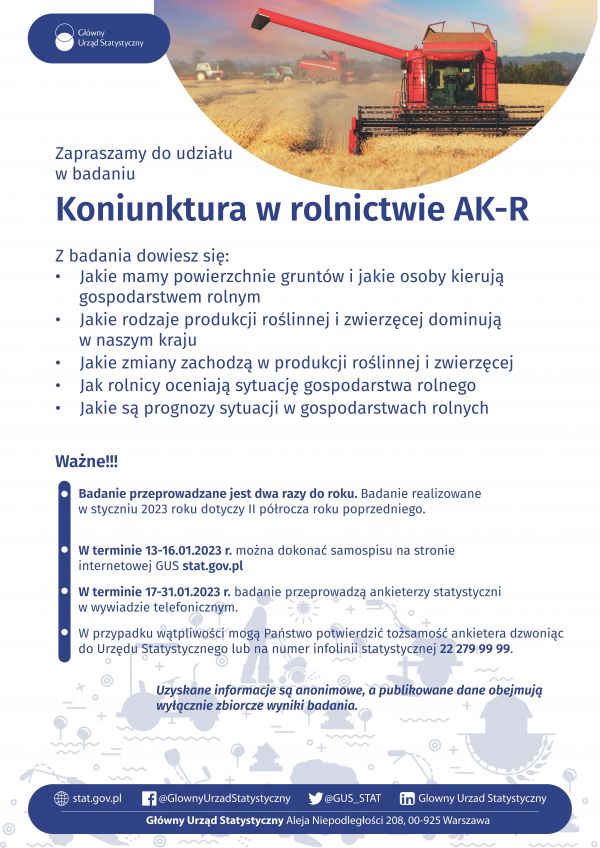 Plakat informujący o Badaniu Koniunktury w Gospodarstwach Rolnych (AK-R)