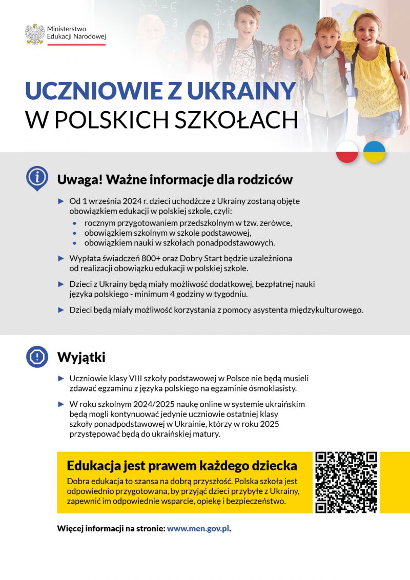 Ulotka informacyjna dot. obowiązku szkolnego i obowiązku nauki dla dzieci i młodzieży z Ukrainy