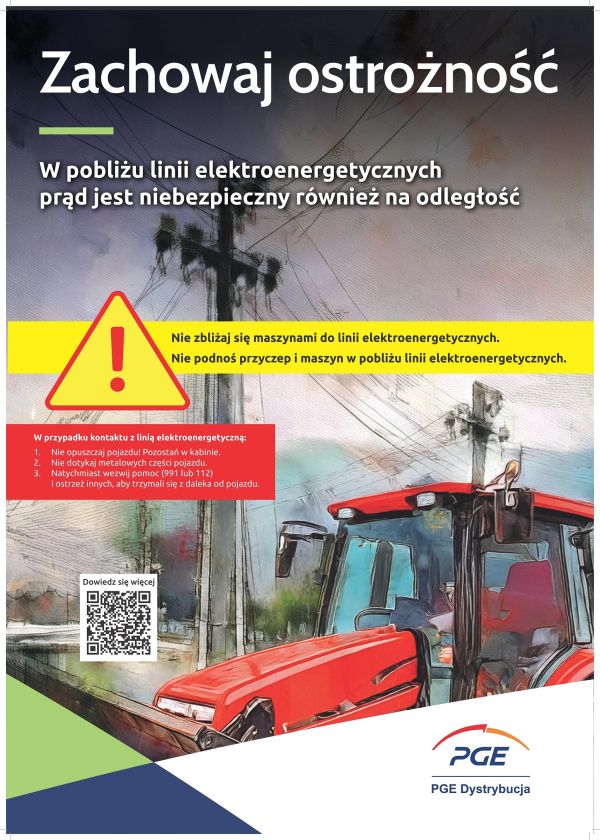 plakat ostrzegający o pracach polowych w pobliżu linii energetycznych