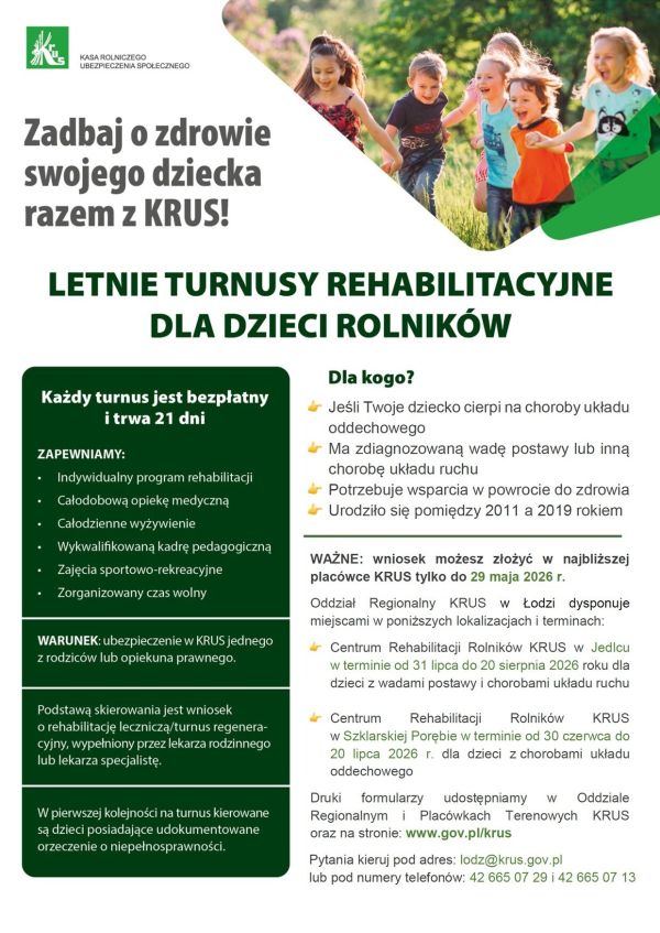 Plakat informacyjny - Bezpłatne turnusy rehabilitacyjne dla dzieci rolników