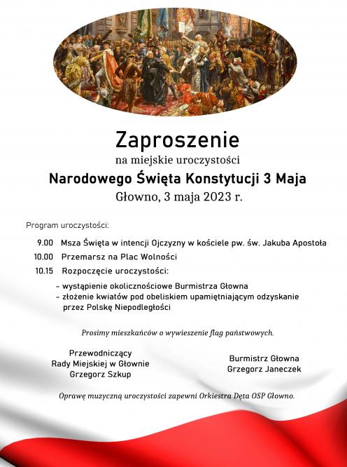 Zaproszenie na obchody Narodowego Święta Konstytucji 3 Maja w Głownie